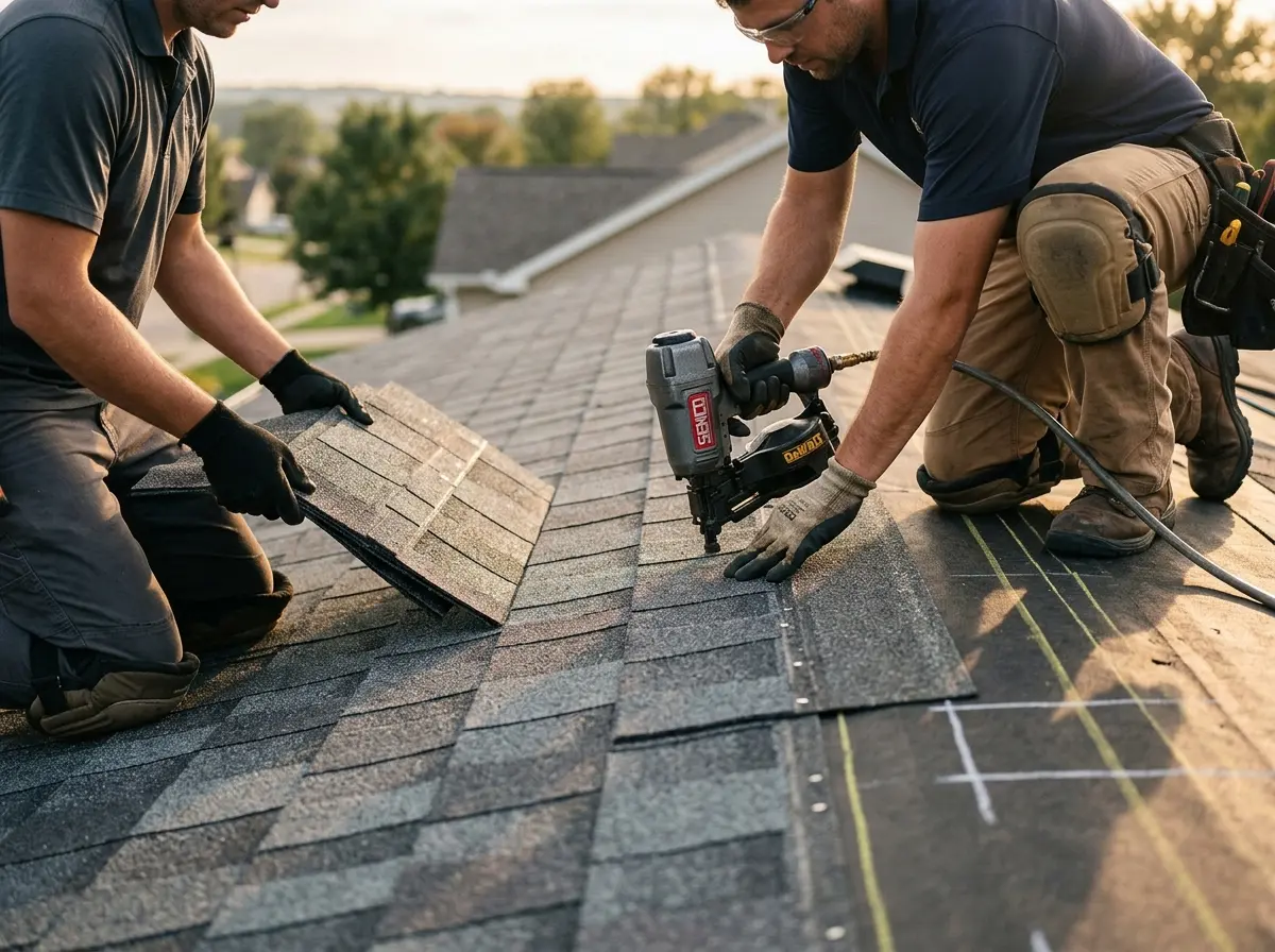 Professional roofer working on a residential roof in Union Grove